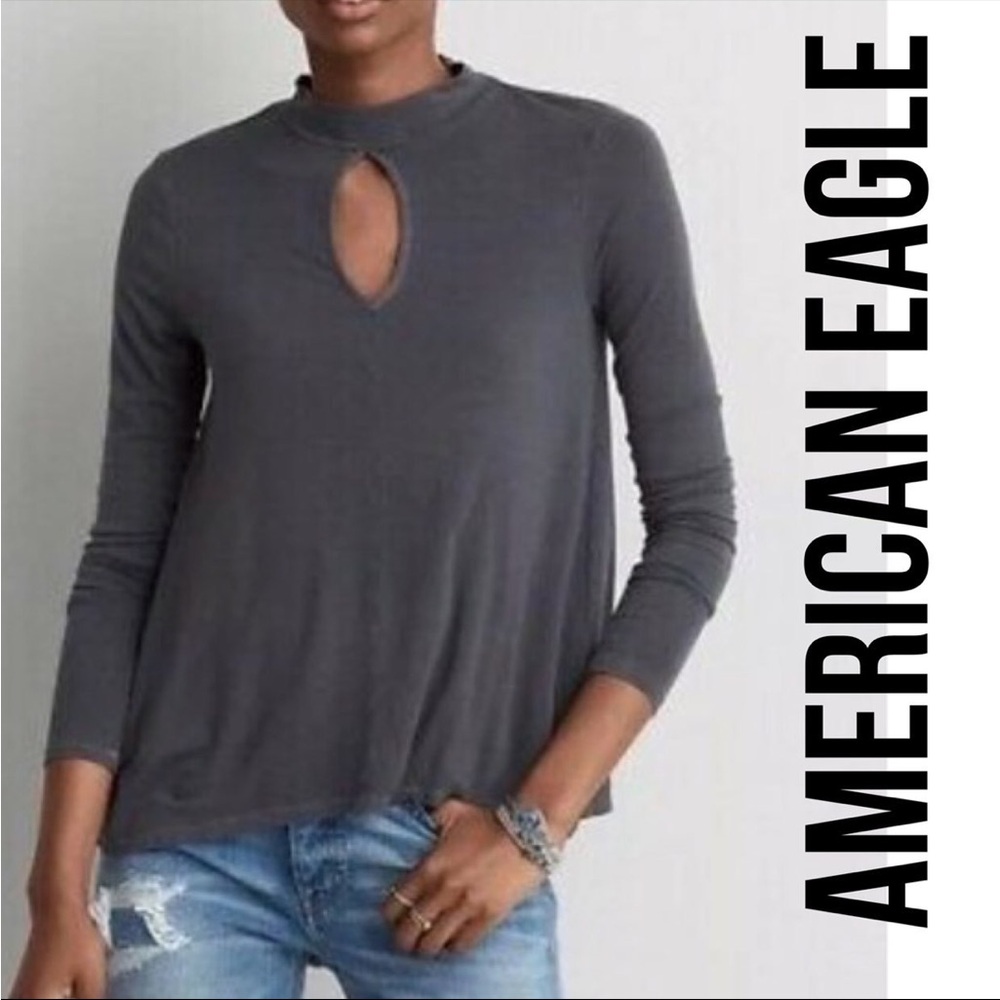American Eagle Outfitters Charcoal Gray Keyhole Long-Sleeve Tee blouse